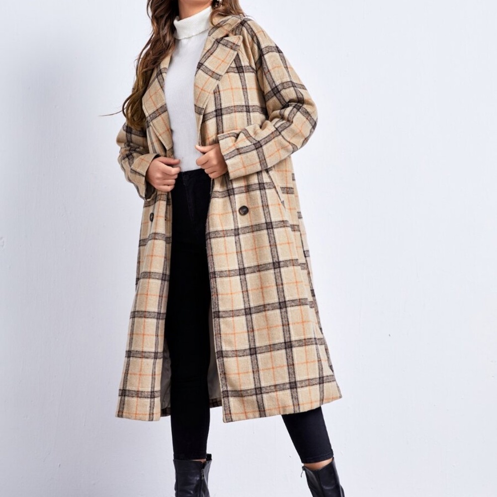 beige plaid button pocket fall trench pea coat - Picture 3 of 5